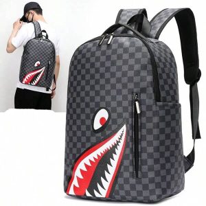 Cross-Border Shark Mouth Design Backpack, Fashion Plaid Casual Travel Rucksack For Men, Large Capacity Halloween Christmas Gifts Winter Christmas Bag For MenTravel Bag School Bag Black