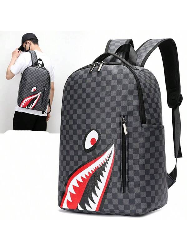 Cross-Border Shark Mouth Design Backpack, Fashion Plaid Casual Travel Rucksack For Men, Large Capacity Halloween Christmas Gifts Winter Christmas Bag For MenTravel Bag School Bag Black